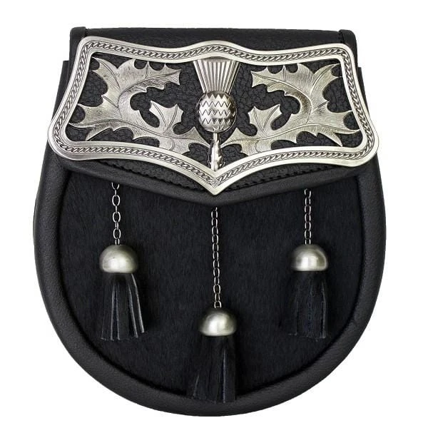 Thistle Design Semi-Dress Sporran With Black Or Light Grey Bovine Skin (WES-DPTS) 3 Thistle Design Semi-Dress Sporran With Black Or Light Grey Bovine Skin (WES-DPTS)