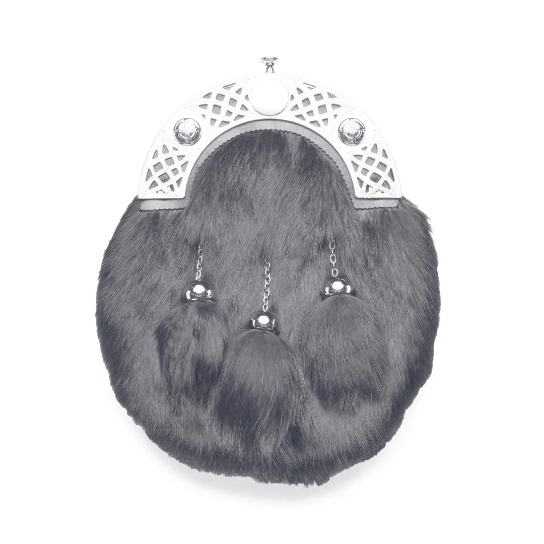 Dyed Grey Rabbit Fur Dress Sporran With Cut Out Celtic Cantle (EW3K-DGR) 3 Dyed Grey Rabbit Fur Dress Sporran With Cut Out Celtic Cantle (EW3K-DGR)