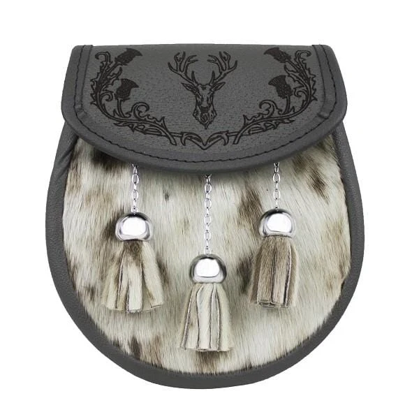 Stag Embossed Thistle Rim Emblem Grey Leather Sealskin Semi-Dress Sporran (GMSD21 GE) 3 Stag Embossed Thistle Rim Emblem Grey Leather Sealskin Semi-Dress Sporran (GMSD21 GE)